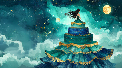 A magical woman with dark hair sits atop a magnificent, tiered gown in a dreamy landscape. The fantasy scene features a full moon, a starry night sky, and whimsical clouds.