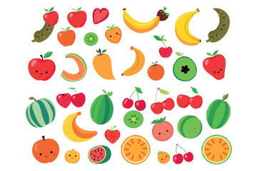 Obraz premium Colorful Juicy Fruits Vector Clipart Set Collection. Watermelon, Strawberry, Banana, Cherry, Lemon, Pomegranate, and Tropical Fruit Collection.