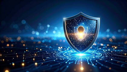 Glowing blue shield with keyhole floats in digital space—symbol of cybersecurity, data protection, and secure access in a futuristic tech environment.