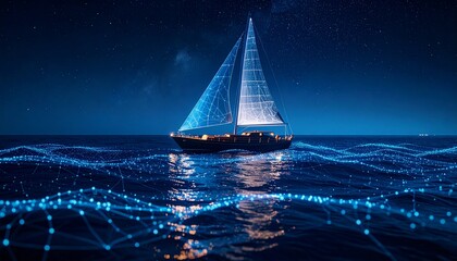 Illuminated sailing ship glides across a glowing digital sea of nodes—fusion of tradition and technology in a surreal starry nightscape.