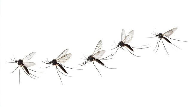Multiple Mosquitoes in Flight Against White Background