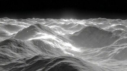 Grayscale Digital Space Landscape With Illuminated Mountains