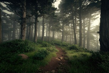 Obraz premium Misty forest path winding through tall trees (1)