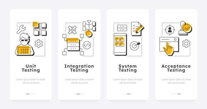 Software testing levels mobile app onboarding screens. Programming process. System integration, technology. Flat UI UX design, orange highlight with outline icons conceptual. Lexend font used