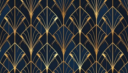 Abstract art deco pattern in navy and gold; geometric shapes and lines create a luxurious, repeating design