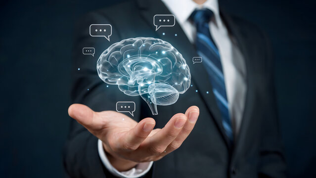 A professional business photograph of a hand holding a glowing digital brain surrounded by chat bubble icons. - Powered by Adobe