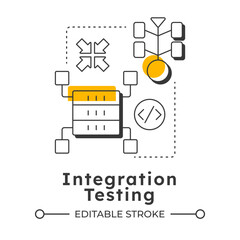 Integration testing modern linear concept icon. Cloud technology, workflow structure. Database, servers. Flat outline elements connected with dotted lines. Creative visual. Easy to edit