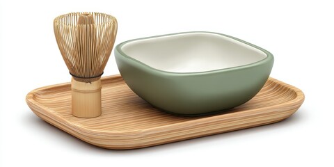 Green Ceramic Square Bowl With Bamboo Whisk On Wicker Tray