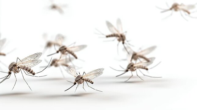 Many mosquitoes in flight against a white background