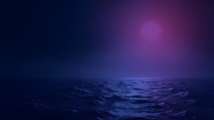 Fototapeta premium Deep Ocean Night Scene Dark Blue to Eggplant Sky Illuminated by a Bright Pinkish Purple Glow Gentle Waves Rolling Water Surface