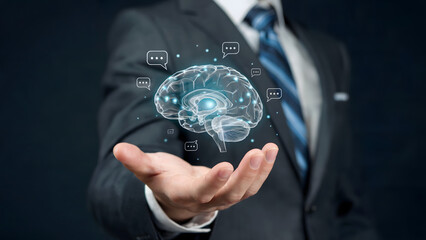 A professional business photograph of a hand holding a glowing digital brain surrounded by chat bubble icons.