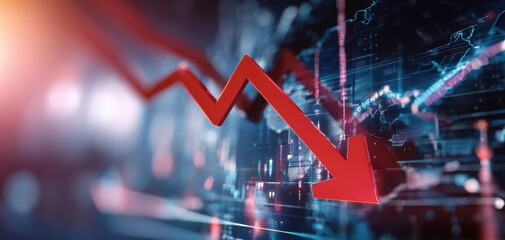 The downward trend of financial markets illustrated by a red arrow on a digital graph.