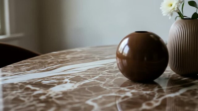 Still Life: Brown Vases Reflecting on Marble Tabletop
