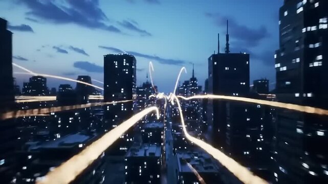 Futuristic Cityscape at Night with Light Trails and Binary Code