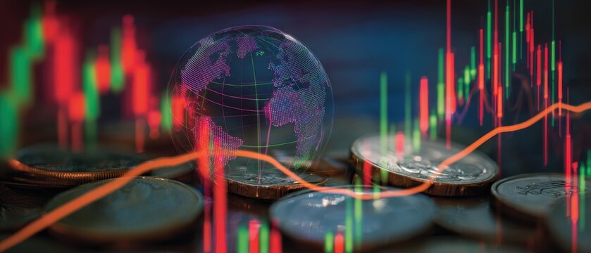 The financial world represented by coins and stock market graphs.