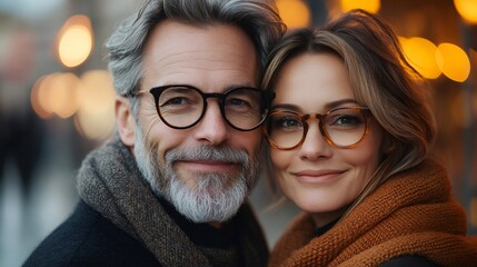 Happy mature couple wearing eyeglasses smiling together outdoors