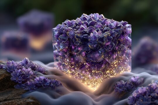 Luminous Purple Crystal Cube with Floral Accent, Set of PNG with Transparent Background