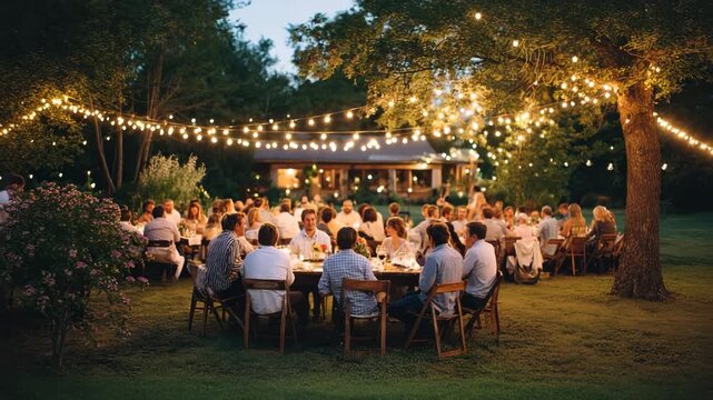 Outdoor evening gathering with string lights illuminating guests enjoying a festive meal - Powered by Adobe