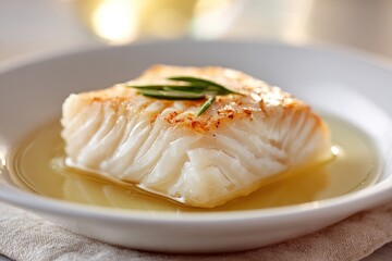 Freshly cooked white fish fillet served with aromatic herbs and oil