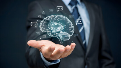 A professional business photo of a hand holding a glowing digital brain surrounded by chat bubble icons.