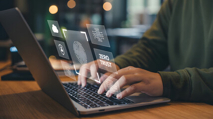 Person uses laptop with futuristic zero trust security interface and biometric scan