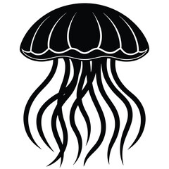 Stylized black silhouette of a jellyfish with flowing tentacles