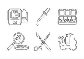 Medical icons showcasing an insulin pump, dropper, pill organizer, magnifying glass over petri dish, surgical tools, and a hearing aid.
