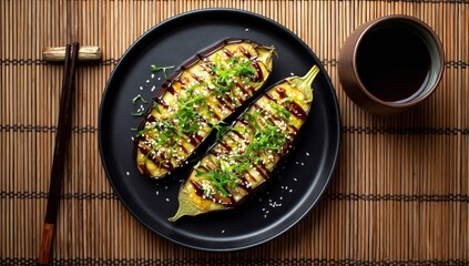 Roasted eggplant halves with sauce