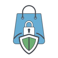 A secure shopping icon. Fusing a bag, shield, and padlock, it symbolizes safe transactions, data protection, and trustworthy e-commerce