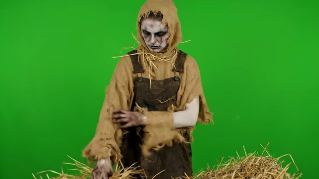 Creepy Scarecrow Costume Construction - A person in a gruesome scarecrow costume adds straw to the sleeves, meticulously crafting a terrifying Halloween look against a vibrant green screen.