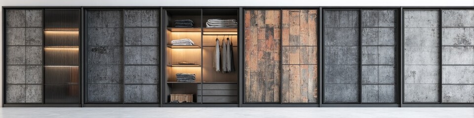 Modern walk-in closet with textured panels and interior lighting