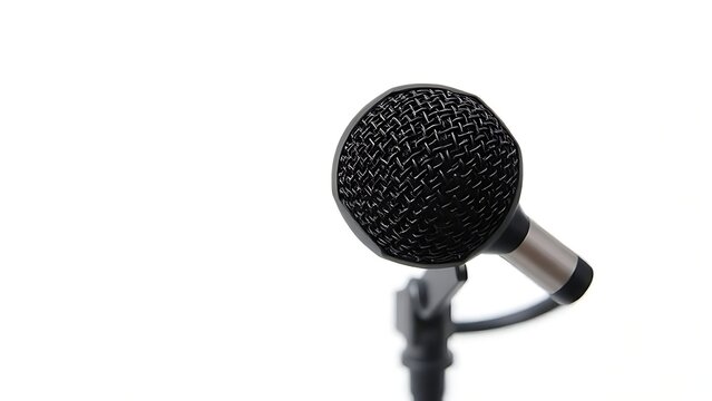 Professional dynamic microphone isolated on white background with a close-up view of XLR connector.