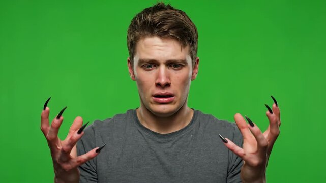 Man Transforming into Monster - Green Screen - A young man with long, sharp black nails clutches his head in pain against a bright green screen.