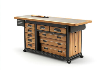Professional workbench with drawers and tools for woodworking shop or garage organization and storage needs