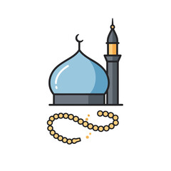 A tranquil mosque icon. Fusing a dome, minaret, and prayer beads, it symbolizes sacred worship, peaceful devotion, and spiritual balance