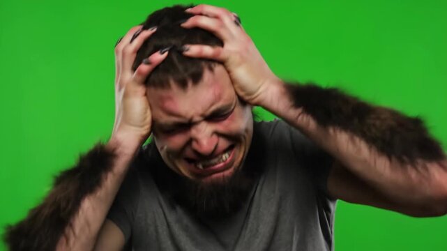 Man Transforming into Monster, Green Screen - A close-up shot of a man with hairy arms and sharp claws clutching his head in pain against a green screen background.