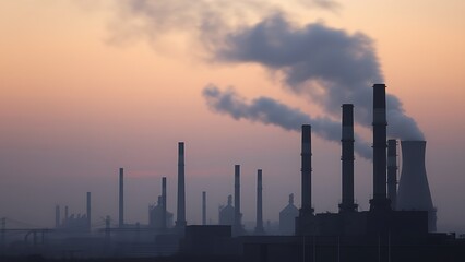 Industrial landscape at dusk with smokestacks and atmospheric haze, rendered in moody colors with soft focus.