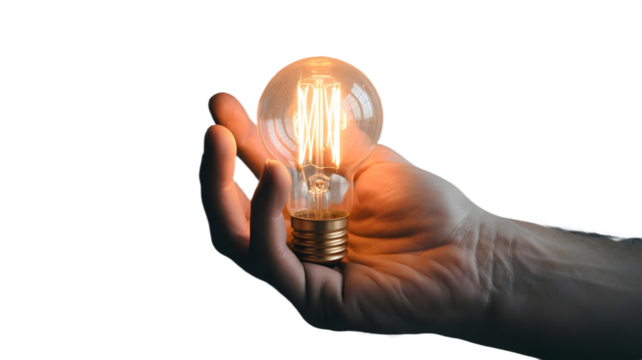 A hand holding a lit light bulb, representing an idea or innovation.