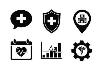 A set of six black and white medical icons, including a speech bubble with a cross, a shield with a cross, a location pin with a hospital, a calendar with a ...