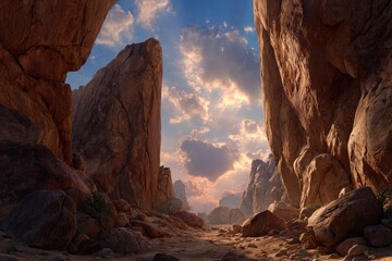 Desert canyon, vibrant sunset through rock formations
