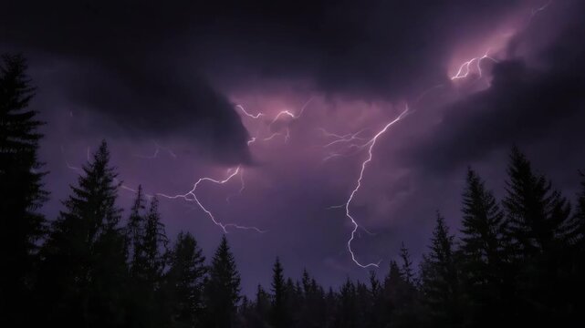 Dramatic lightning strikes illuminate dark storm clouds over dense evergreen forest landscape