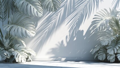 Tropical plants cast shadows on a white wall