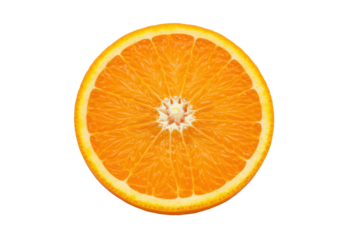 A vibrant, glistening, perfectly cut orange slice with translucent pulp and visible juice sacs, set on a transparent studio background, high key lighting, concept of natural vitality and health