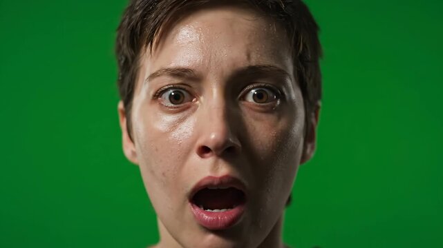 Terrified Woman Screaming Silently - Green Screen - Close-up of a sweating woman's face displaying pure terror; her mouth is open in a silent scream against a chroma key green background.