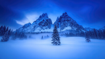 Fototapeta premium Serene Winter Landscape Featuring Majestic Mountains Under Dramatic Blue Sky and Soft Snow Covered Ground