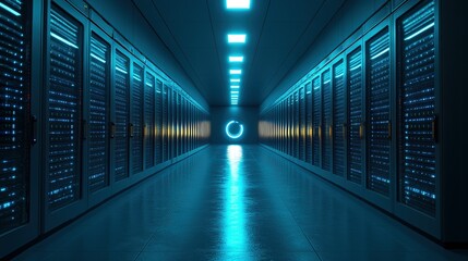 Fototapeta premium Data center with servers and blue lighting showing technology and computer infrastructure.