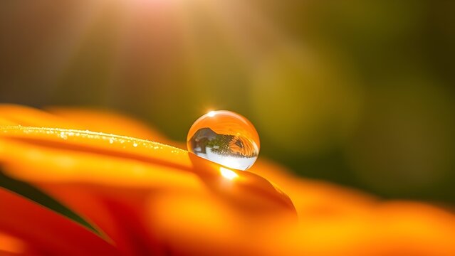 Macro Close-Up of Dewdrop on Orange Marigold Petal in Sunlight
