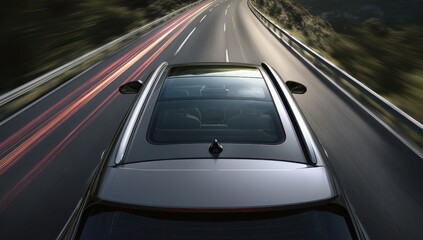 Fototapeta premium Gray SUV speeding on highway. Sunroof visible