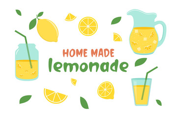 Homemade lemonade set. Fresh juicy lemon drinks and fruits. Tropic summer mint cocktails. Hand drawn vector illustration isolated on white background