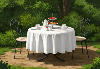A leisurely garden tea party for two adults in elegant attire. They sit at a round table with a white tablecloth, enjoying a light meal and refreshments in a sun-drenched garden setting.